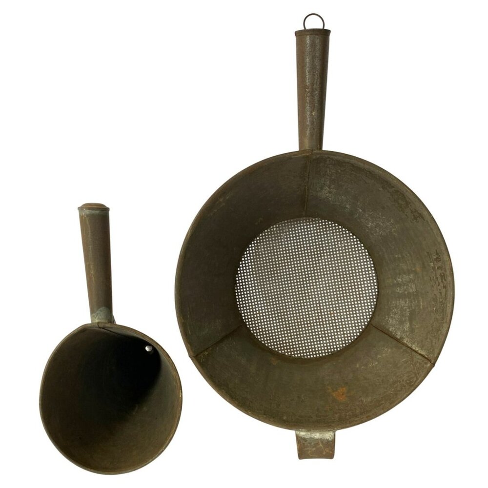 Vintage Antique Kitchen Tool Funnel Strainer Metal Hand Crafted Primitive Rustic